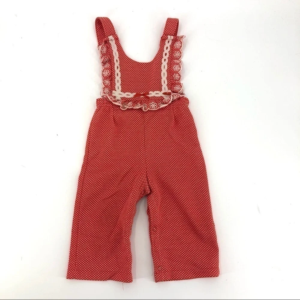 Vintage 1970’s Carter’s Overalls Ruffle Bib Jumper Polka Dot Lace Red 18 Months